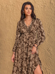 Ruched Printed V-Neck Long Sleeve Midi Dress