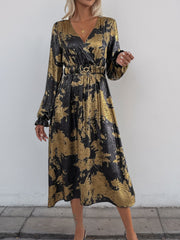 Perfee Printed Surplice Long Sleeve Midi Dress