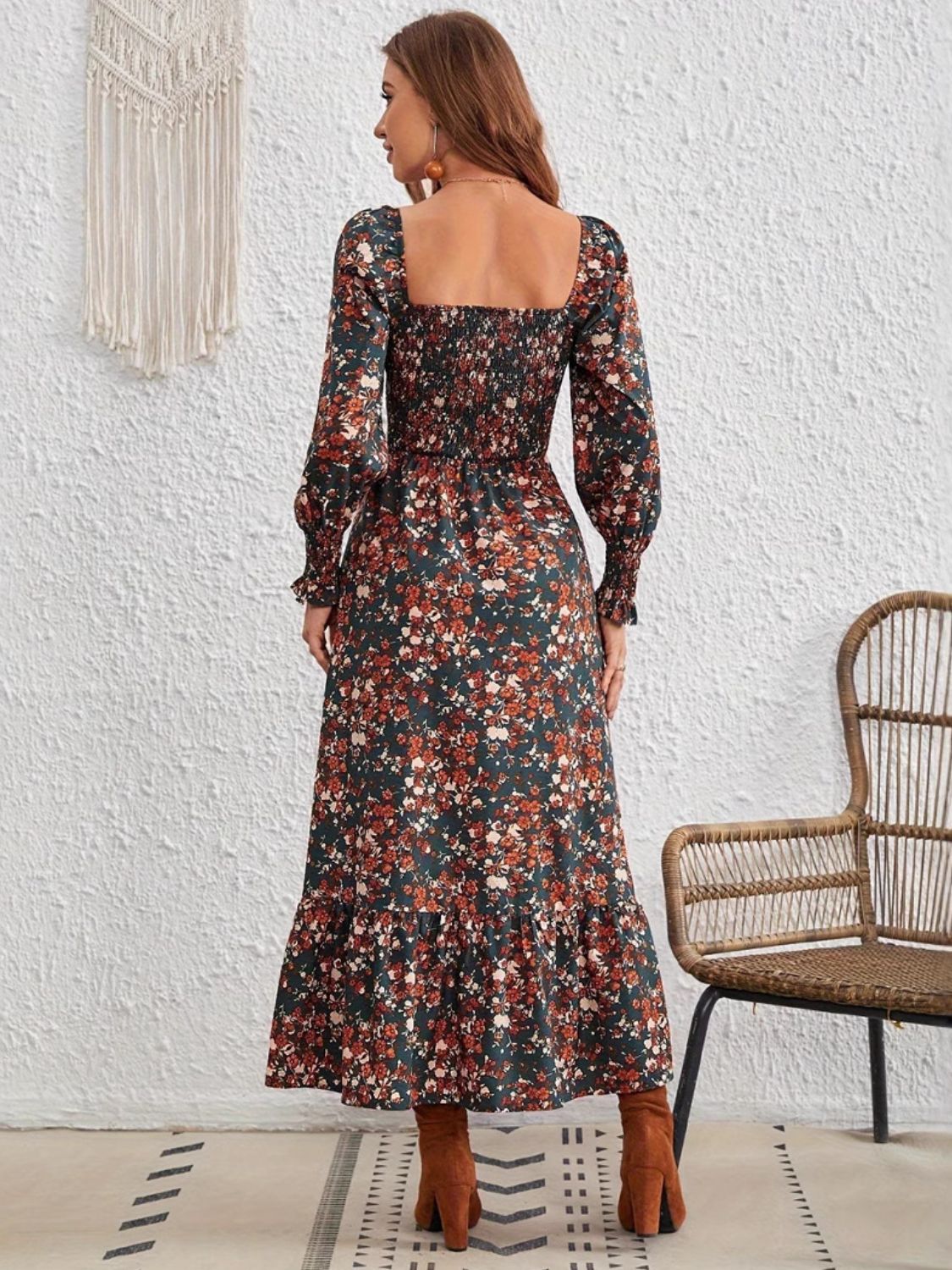 Smocked Floral Square Neck Long Sleeve Dress